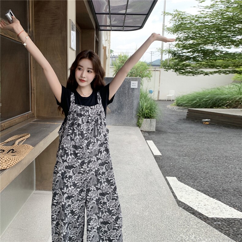 韩版复古时尚印花背带裤女2025夏季新款宽松小个子减龄显瘦阔腿裤,女装连体裤,2C353