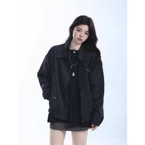 潮美式高级灰色褶皱夹克女cleanfit秋季复古设计感小众宽松外套图片