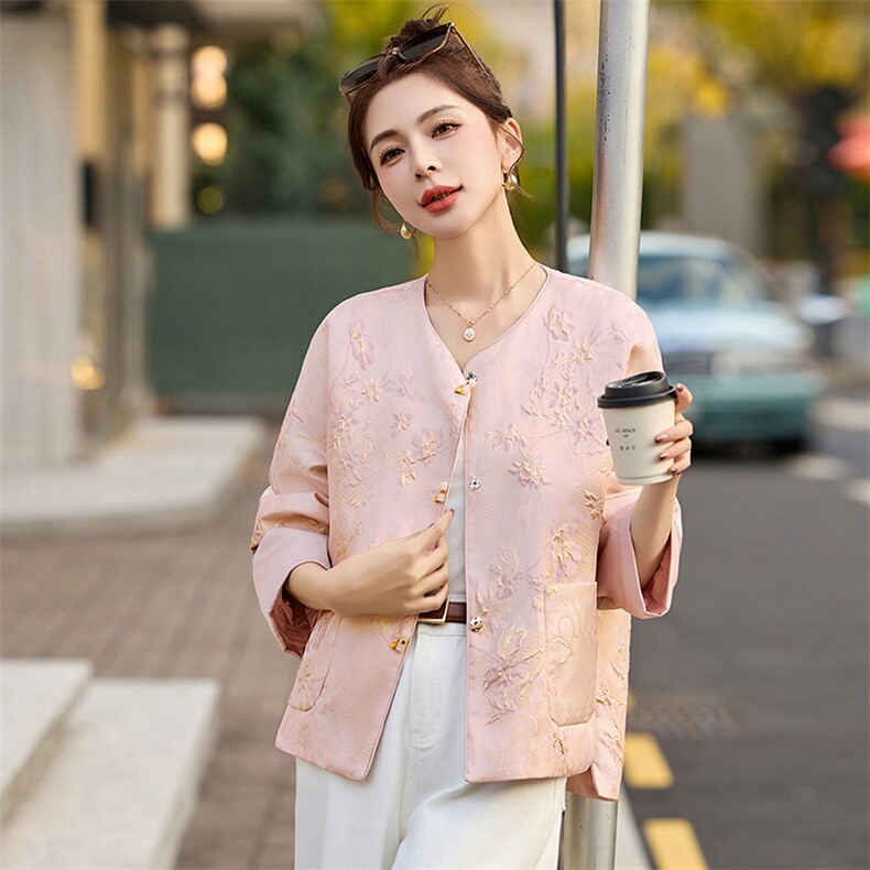 粉色小香风圆领提花外套女2025春季新款今年流行新中式小西服上衣,女装短外套,美沁