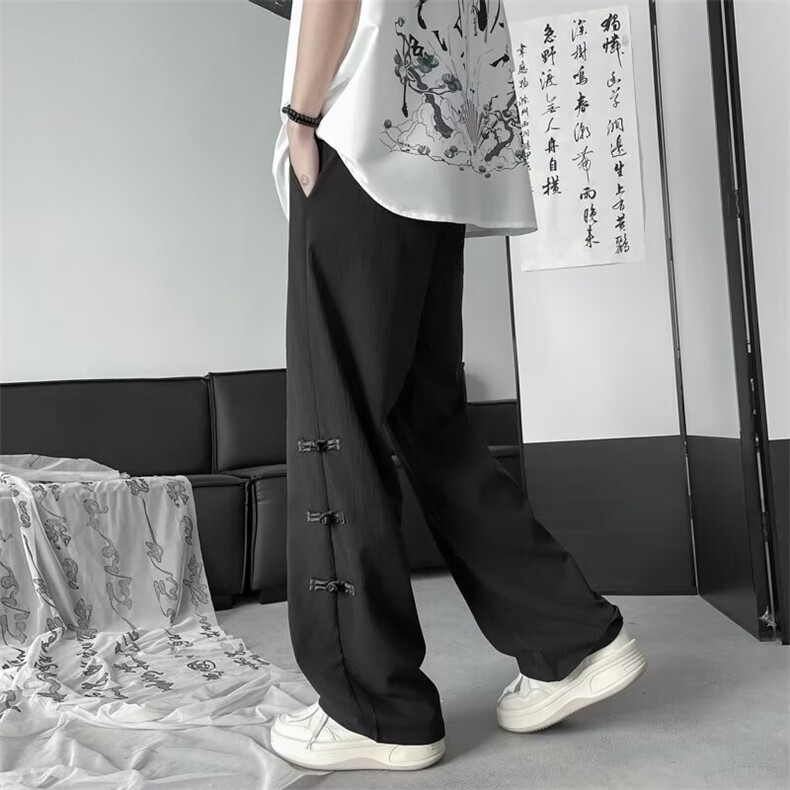 新款~中式风盘扣裤子男士夏季高级感垂感宽松直筒阔腿休闲长裤,男装休闲裤,星座1013