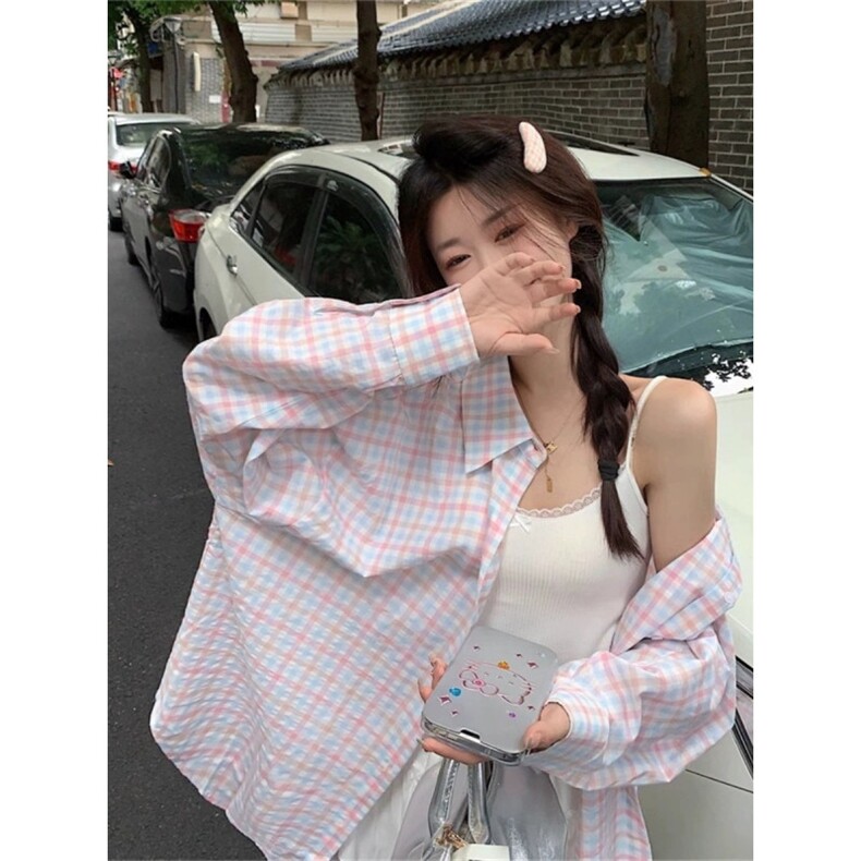 TC756-P45设计感格子衬衫女可爱撞色格子长袖衬衫学院风衬衣,男装衬衫,星座617A-2