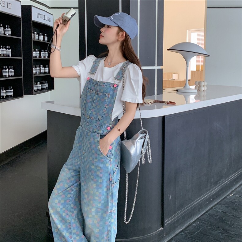 甜美气质棋盘格牛仔背带裤套装女夏2025新款又酷又飒穿搭两件套,女装套装/套裙,2D148