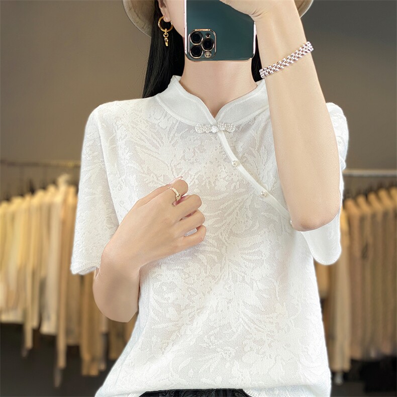 2025年夏季不连帽女士旗袍领时尚百百搭通勤休闲短袖，女装T恤，森墨