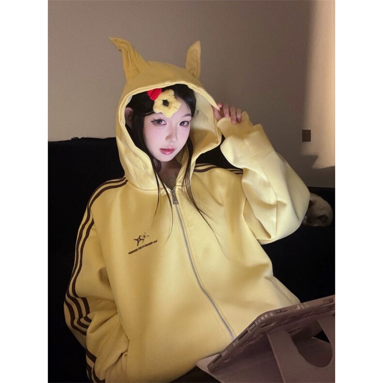 黄色拉链连帽卫衣男女2026春秋季新款宽松慵懒风开衫外套F1409,女装短外套,星座601-1