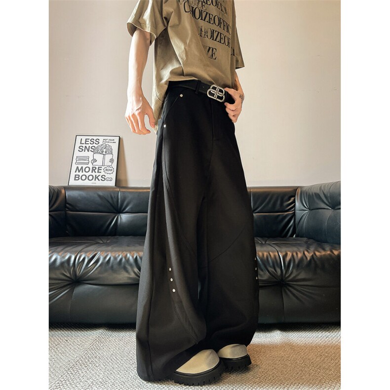 美式铆钉解构弯刀休闲裤男女小众高级感阔腿直筒廓形西裤K09-P62，男装西裤，星座308B-1