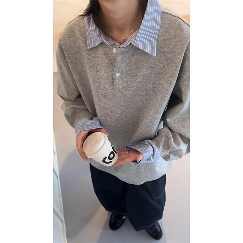 抖音得物高品质26春装美式高街假两件衬衫领长袖卫衣POLO领打底衫,男装T恤,电商A486