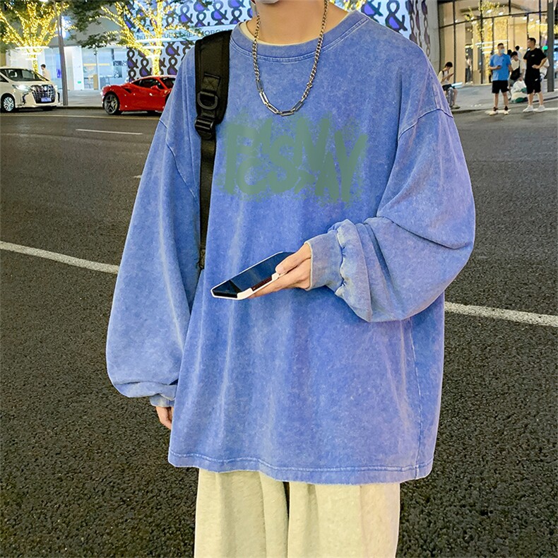 直播品质重磅纯棉美式蜡染水洗做旧潮牌宽松长袖t恤CT361特P38,男装T恤,电商A486