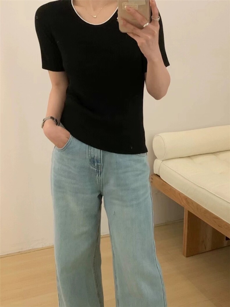 撞色设计感U领针织打底衫女夏季新款修身,针织衫/毛衣,圣旺供货
