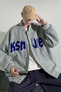 秋季潮牌棒球服男女潮流港风学院风华夫格夹克外套模特J202-P75图片