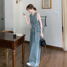 又a又飒薄款牛仔马甲上衣套装女夏季新款时尚洋气阔腿长裤两件套，女装套装/套裙，浙宝069