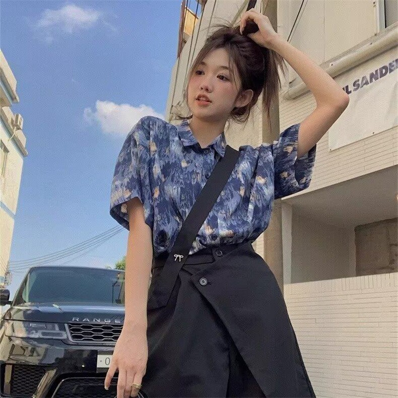Q152/P32夏季美式复古潮牌小众扎染印花痞帅短袖衬衫上衣男女,男装衬衫,星座1506