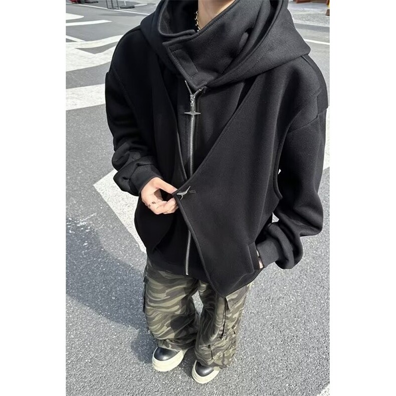 i人社恐假两件开衫卫衣男款春秋加绒厚重磅硬挺美式高领连帽外套图片