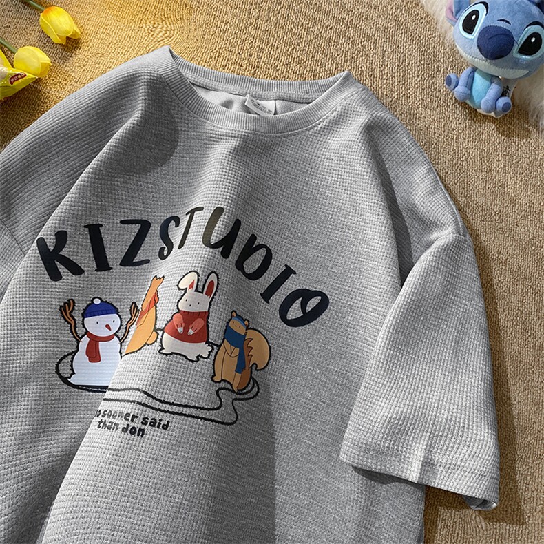 230克华夫格短袖夏季男女学院风情侣款卡通印花T恤宽松版型超，男装T恤，电商C306-1