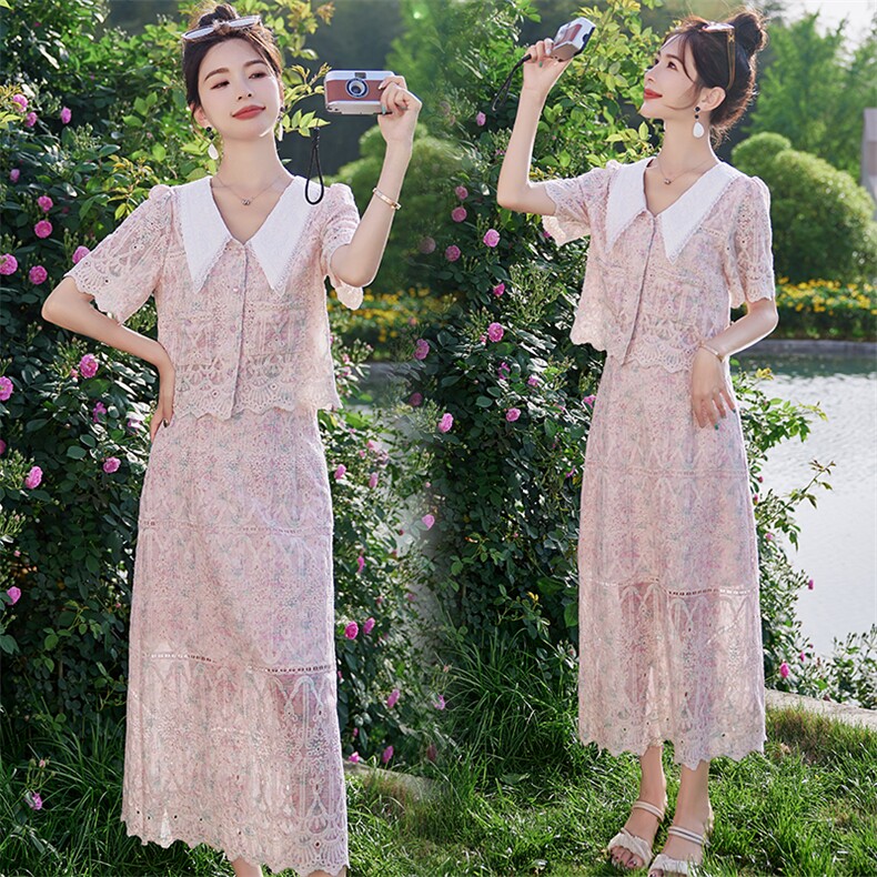 大码女装蕾丝刺绣短袖上衣显瘦a字半身裙夏季胖mm国风两件套,女装套装/套裙,依路服饰