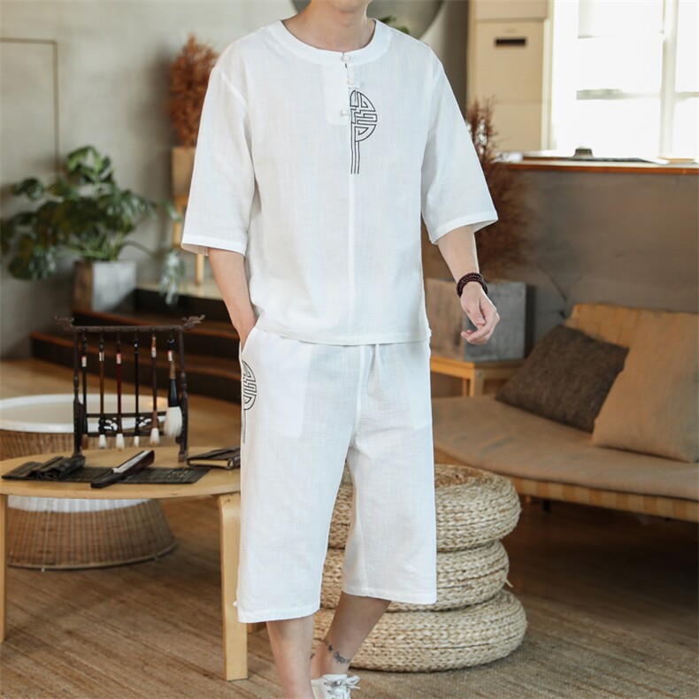 风夏款盘扣刺绣休闲男士套装薄款T恤七分裤两件套潮A822-P60，男装牛仔裤，钱塘788(原4013)