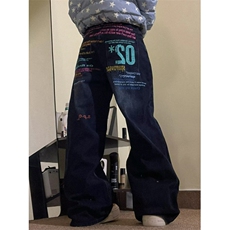 彩色字母标语阔腿牛仔裤女秋冬宽松休闲直筒拖地长裤NZ9048，男装牛仔裤，星座1116A（原606A-3）