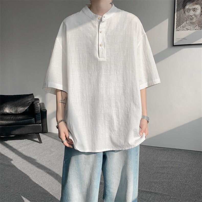 8XL-M中式立领棉麻T恤特大码亨利领亚麻短袖polo衫半袖DX1210/P45,男装T恤,电商B238