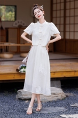 温柔绝美白色刺绣套装连衣裙女2024夏季新款盘扣衬衣半身裙两件套，女装套装/套裙，慧尚依恋