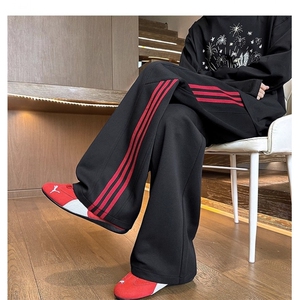 三条杠运动裤子男生春秋季美式重磅条纹卫裤潮牌宽松直筒运动长裤图片