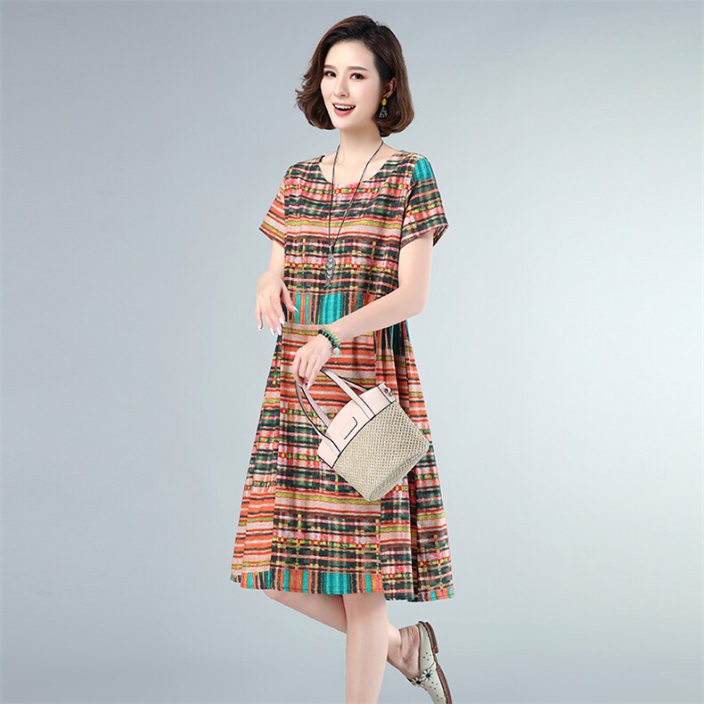 2021年夏季时尚百搭圆领短袖拼接色宽松连衣裙,女装连衣裙,独衣靓
