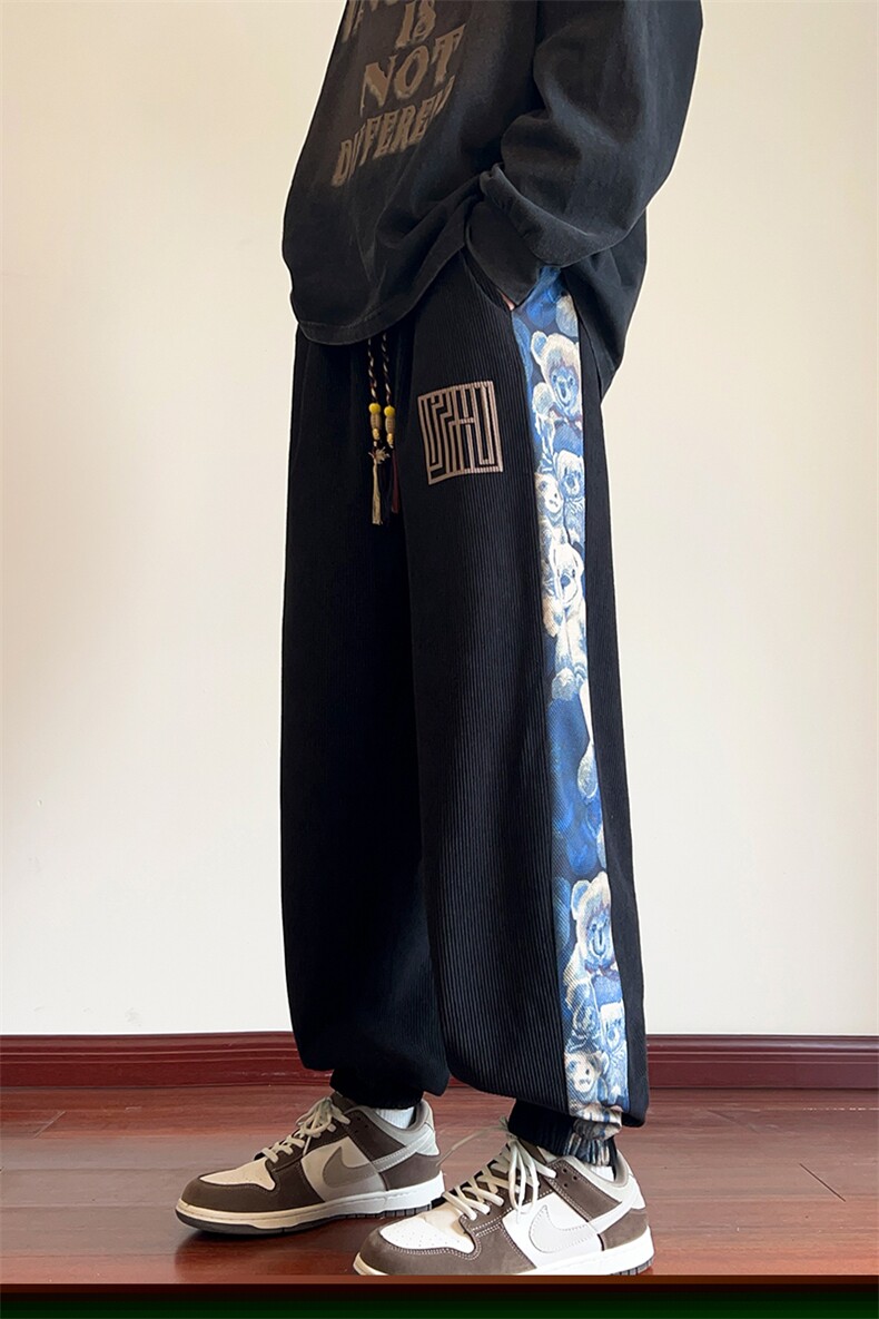 新中式小熊灯芯绒裤子男秋冬大码宽松束脚休闲长裤M-5XLP45控58,男装休闲裤,电商B219B