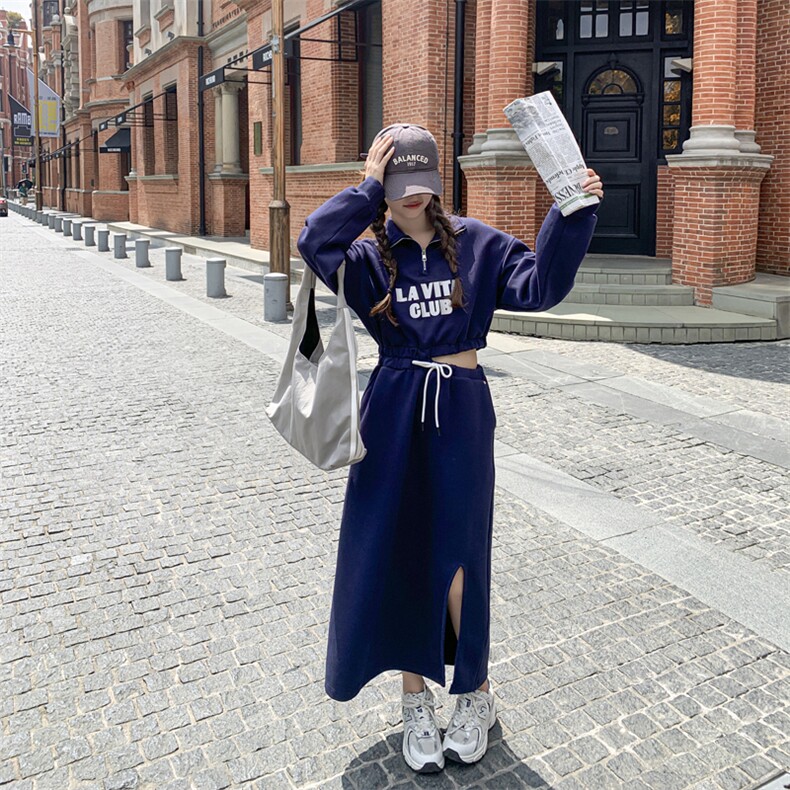 韩版时尚短款长袖上衣套装女2025春秋季新款显瘦开叉半身裙两件套,女装套装/套裙,2C050