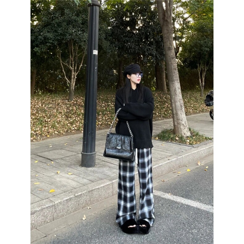 黑白格子裤子男女宽松直筒垂感休闲阔腿裤复古百搭平脚裤XCT16,男装休闲裤,星座208-5