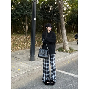 黑白格子裤子男女宽松直筒垂感休闲阔腿裤复古百搭平脚裤XCT16图片