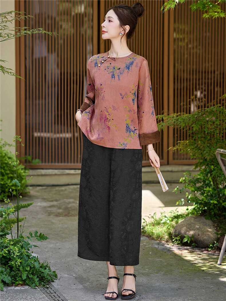 长期有货2026夏装新款印花复古提花天丝休闲两件套装女中式阔腿裤,女装套装/套裙,璐依舞