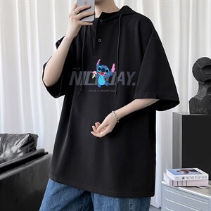 LD54173-P45 连帽短袖t恤男大码胖子带帽五分袖中袖图片