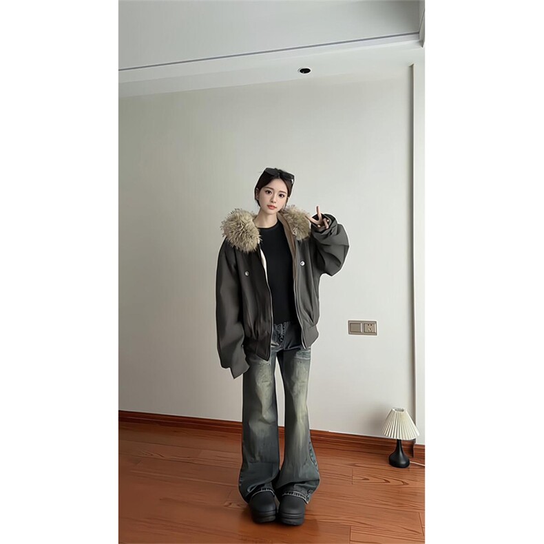 现货重磅boxy短款棉衣座山雕大毛毛领男女棉服水洗工装厚外套,男装棉衣,电商A486