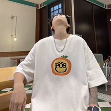 藏青色笑脸短袖t恤男2024新款潮流美式复古青少年小领口全棉半袖，男装T恤，电商B371