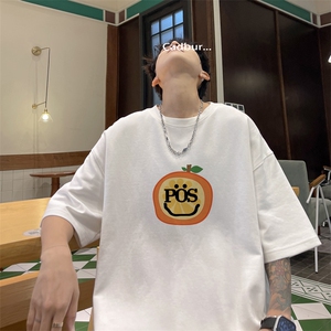 藏青色笑脸短袖t恤男2024新款潮流美式复古青少年小领口全棉半袖图片