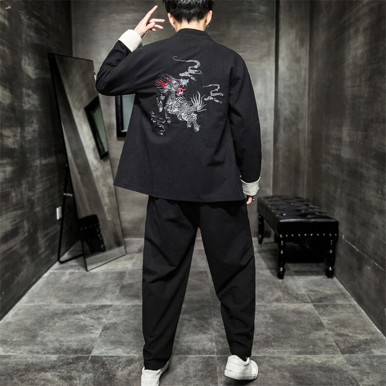 A79P105室内风2024秋季麒麟风刺绣长袖长裤套装百搭纯棉,男装休闲套装,电商A026