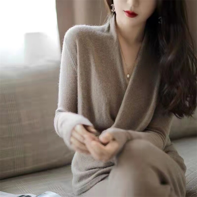 设计感小众V领打底衫女宽松套头针织毛衣高级感百搭,针织衫/毛衣,解氏羊绒