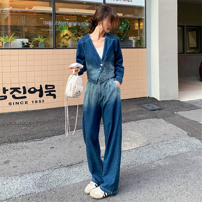 高端渐变色牛仔套装女装设计感小众高级感两件套,女装套装/套裙,2D076