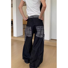 大口袋弯刀拼接牛仔裤男女休闲美式直筒宽松休闲阔腿长裤NB285，男装牛仔裤，星座1116A（原606A-3）