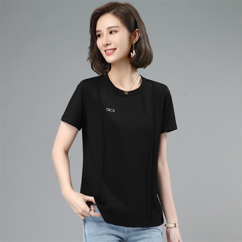 板酷2026夏装新款时尚刺绣黑色圆领T恤B612,女装T恤,板酷