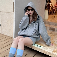 抖音得物高品质秋冬美式高街重磅结构辑明线纹理连帽卫衣外套W111，女装短外套，电商A486-1