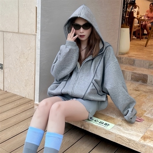 抖音得物高品质秋冬美式高街重磅结构辑明线纹理连帽卫衣外套W111图片