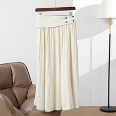 2024秋季新款四扣半身中长款百褶裙宽松舒适，女装半身裙，玛莎羊绒