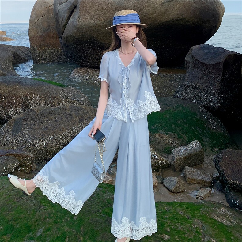 法式气质蕾丝拼接套装女2026夏季新款高级感时髦洋气阔腿裤两件套，女装套装/套裙，水衣源