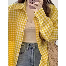 韩系年轻显白polo领格子衬衫女叠穿宽松遮肉显瘦长袖衬衣外套上衣，男装衬衫，星座506A