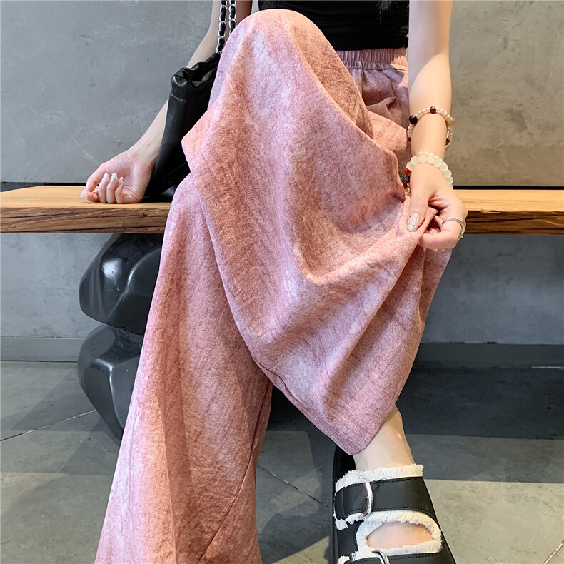 新款亚麻扎染阔腿裤女夏宽松直筒垂感拖地休闲直筒裤脏脏裤,女装休闲裤,梦白服饰厂