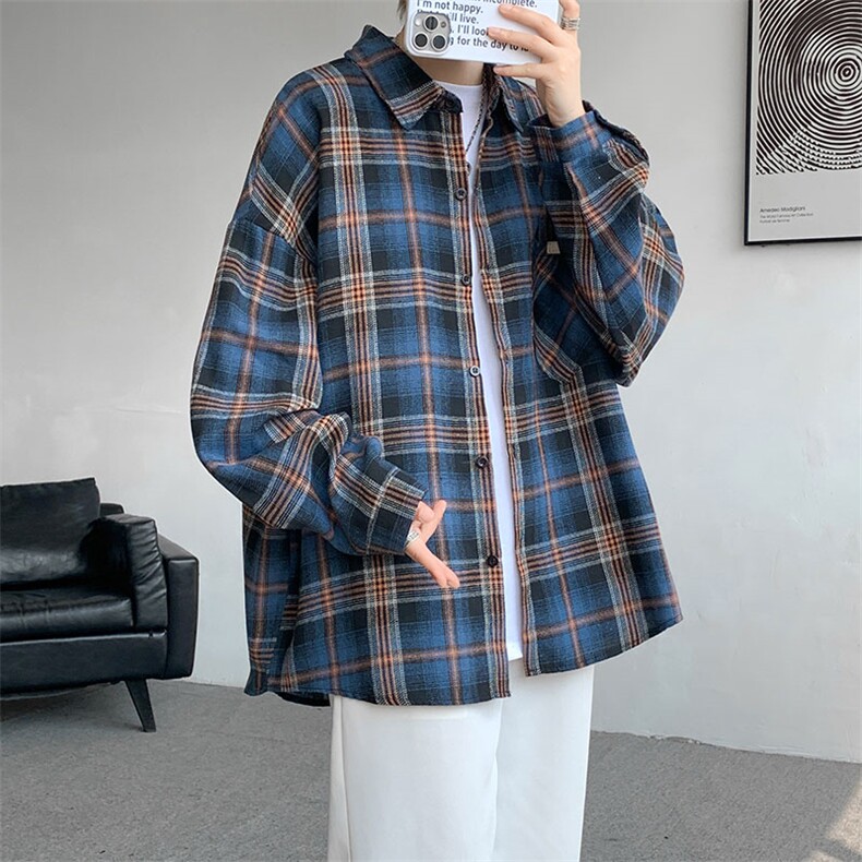 衬衫男春季新款港风宽松大码磨毛格子长袖衬衣CS618-P35图片