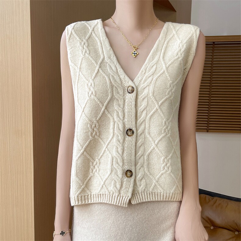 100%纯羊毛衫马甲开衫女V领菱形提花坎肩宽松羊绒衫无袖毛衣背心，女装马甲，优麦羊绒（原洪叶羊绒）