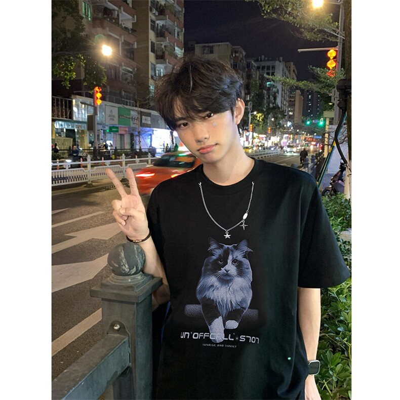 （260克双纱纯棉）美式设计感小猫情侣短袖T恤1015-T500-P50,男装T恤,四季星座1015