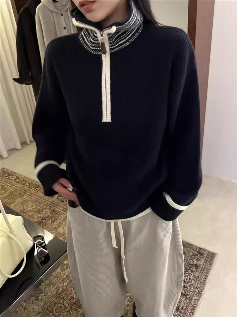 2025年秋季直筒型通勤套头单件拼色半开领,女装羊毛衫,圣旺供货