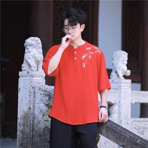 新款夏季冰丝立领短袖男风刺绣新中式大码垂感T恤男T812P55图片