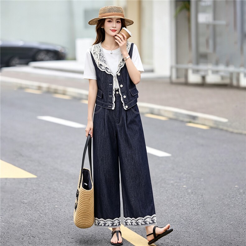 现货牛仔套装女2026夏季新款高级感韩里韩气蕾丝马甲阔腿裤穿搭,女装套装/套裙,艾仟回(原伊仟回)